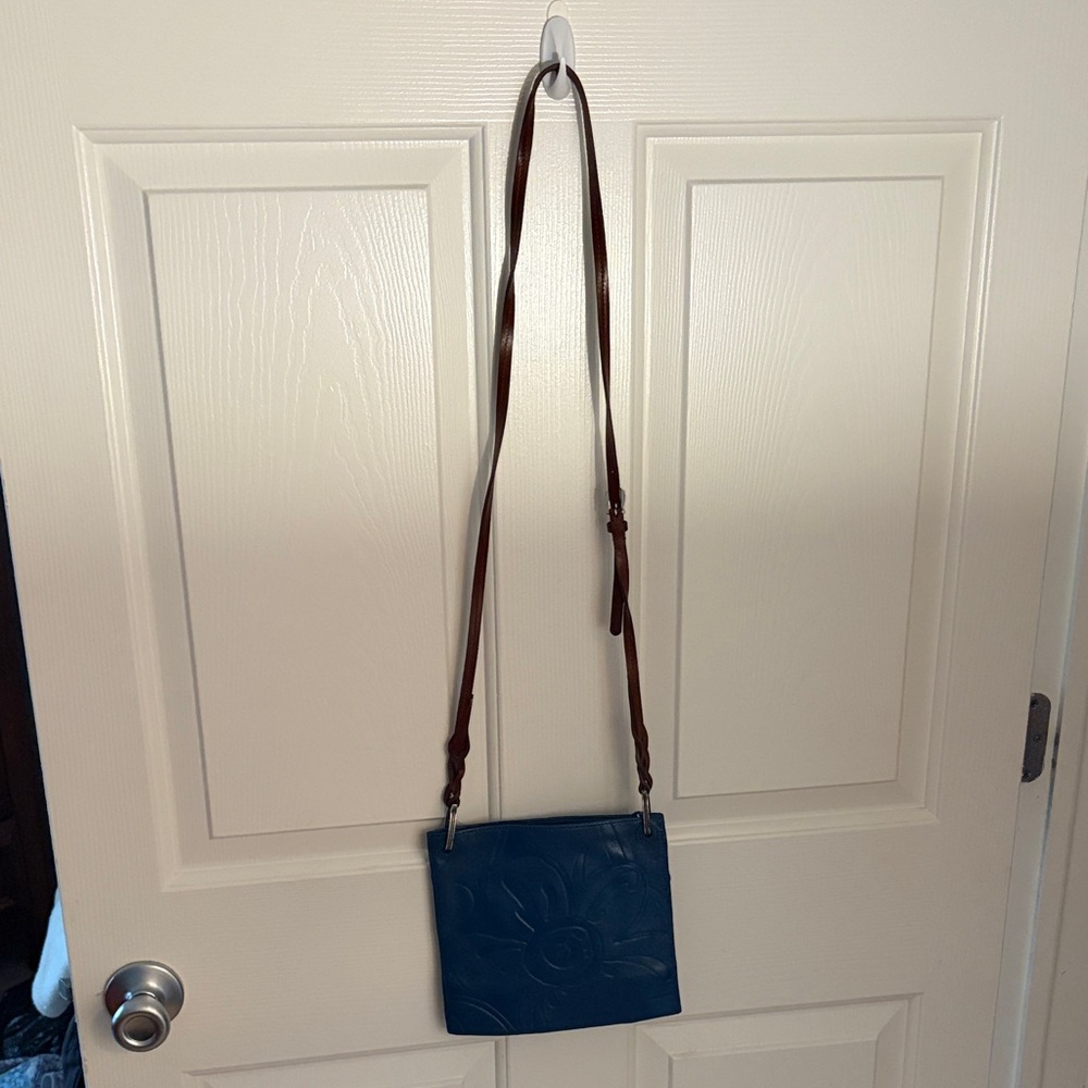 Blue Embossed Crossbody Bag with Brown Strap